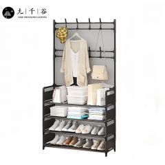 九千谷 多功能衣帽架简易鞋架门口卧室落地收纳架置物架挂衣服架子四层80*28*140黑色 6943